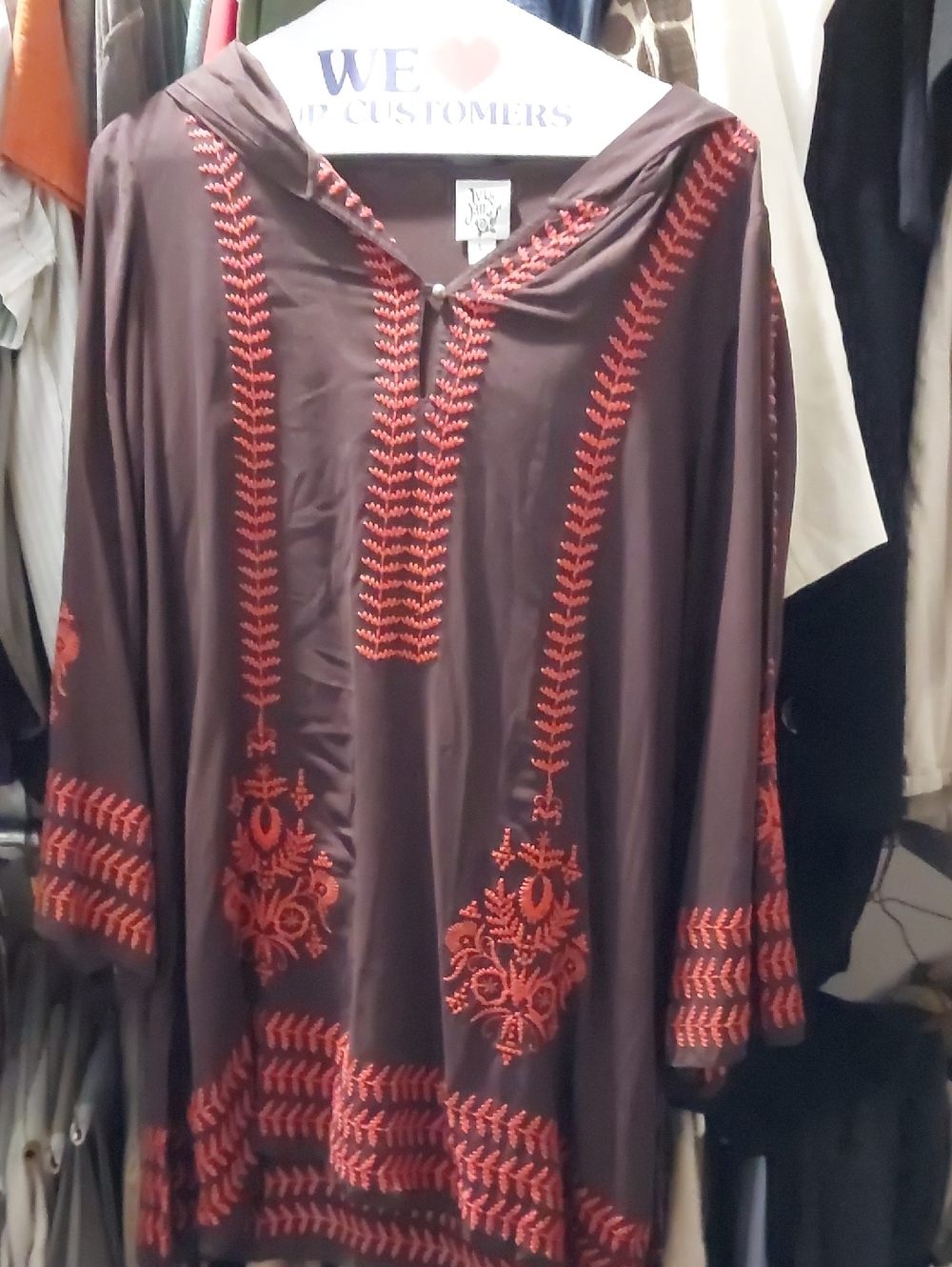 Ivy Jane Embroidered Hooded Tunic Top - Brown with Red Accent